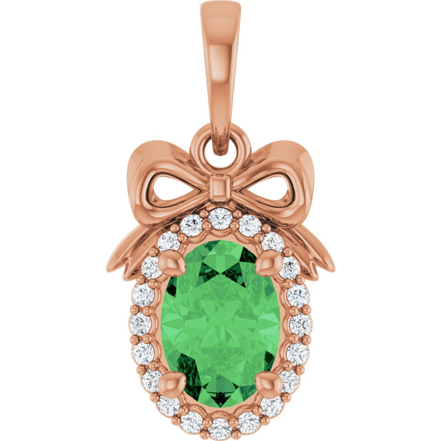 14K Gold Oval Natural Tsavorite Garnet & Natural Diamond Accented Bow Necklace or Pendant - Rose Gold