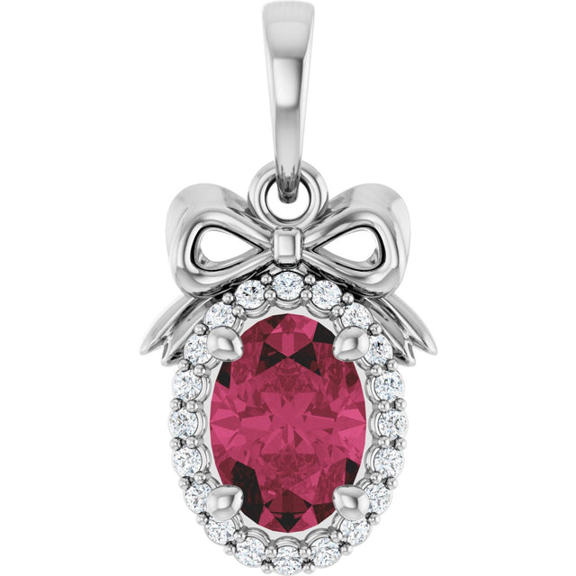 14K Gold Oval Natural Rhodolite Garnet & Natural Diamond Accented Bow Necklace or Pendant - White Gold