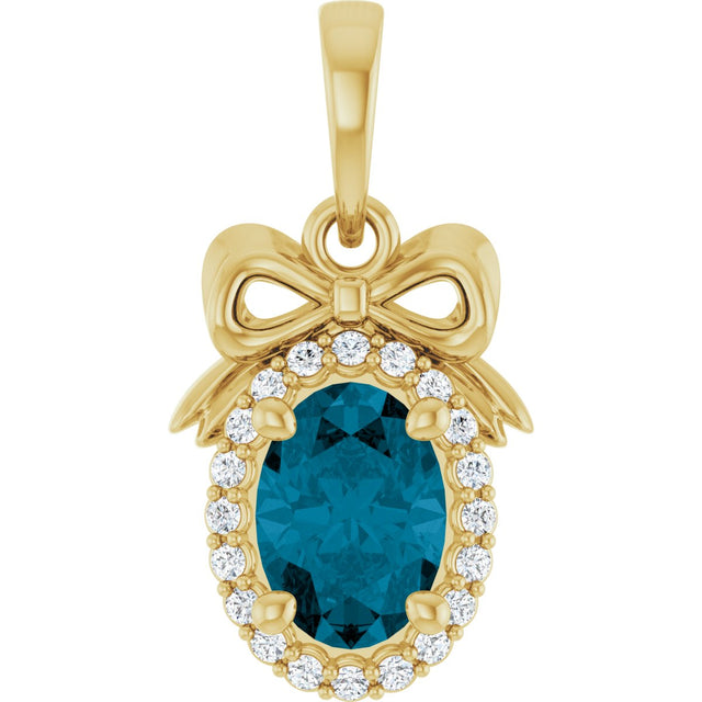 14K Gold Oval Natural London Blue Topaz & Natural Diamond Accented Bow Necklace or Pendant - Yellow Gold