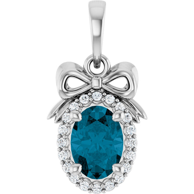 14K Gold Oval Natural London Blue Topaz & Natural Diamond Accented Bow Necklace or Pendant - White Gold