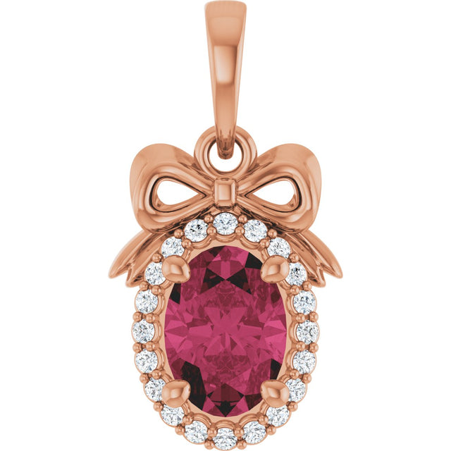 14K Gold Oval Natural Rhodolite Garnet & Natural Diamond Accented Bow Necklace or Pendant - Rose Gold