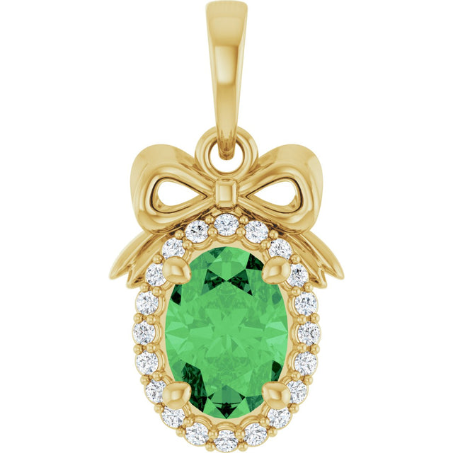 14K Gold Oval Natural Tsavorite Garnet & Natural Diamond Accented Bow Necklace or Pendant - Yellow Gold