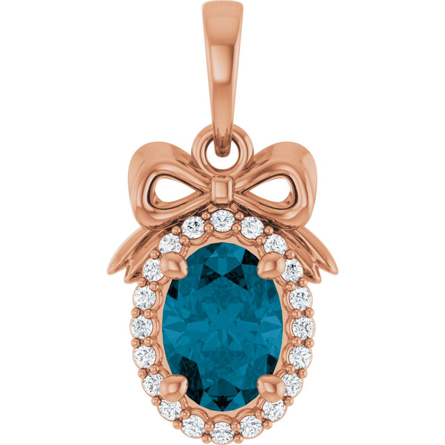 14K Gold Oval Natural London Blue Topaz & Natural Diamond Accented Bow Necklace or Pendant - Rose Gold