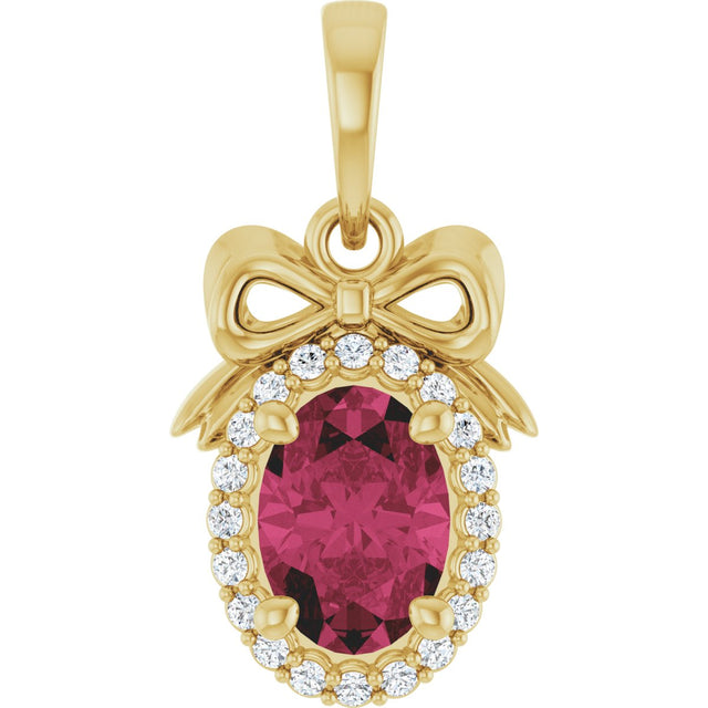 14K Gold Oval Natural Rhodolite Garnet & Natural Diamond Accented Bow Necklace or Pendant - Yellow Gold