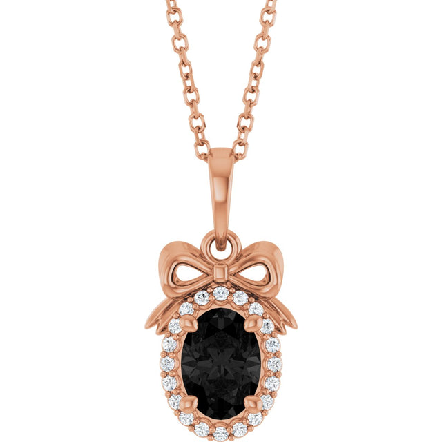 14K Gold Oval Natural Black Onyx & Natural Diamond Accented Bow Necklace or Pendant - Rose Gold