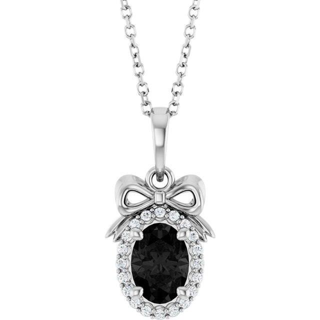 14K Gold Oval Natural Black Onyx & Natural Diamond Accented Bow Necklace or Pendant - White Gold