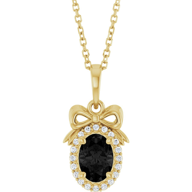 14K Gold Oval Natural Black Onyx & Natural Diamond Accented Bow Necklace or Pendant - Yellow Gold
