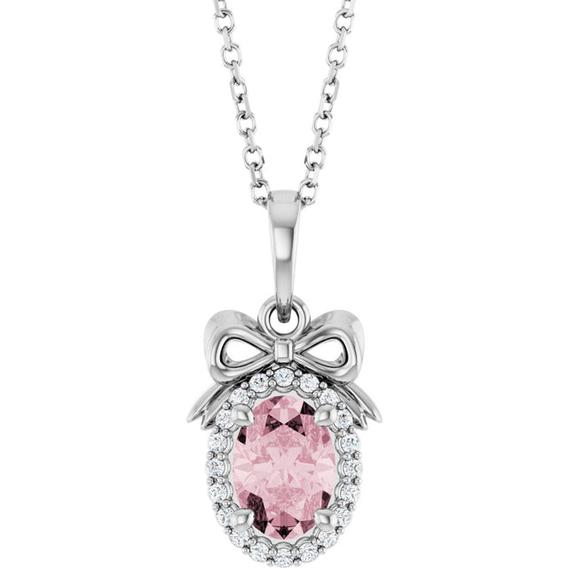 14K Gold Oval Natural Pink Morganite & Natural Diamond Accented Bow Necklace or Pendant - White Gold