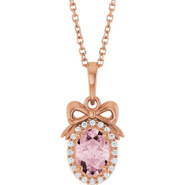 14K Gold Oval Natural Pink Morganite & Natural Diamond Accented Bow Necklace or Pendant - Rose Gold