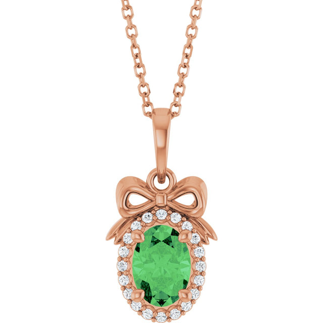 14K Gold Oval Natural Tsavorite Garnet & Natural Diamond Accented Bow Necklace or Pendant - Rose Gold