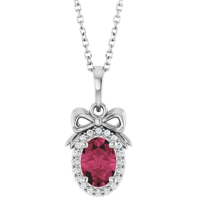 Platinum Oval Natural Rhodolite Garnet & Natural Diamond Accented Bow Necklace or Pendant