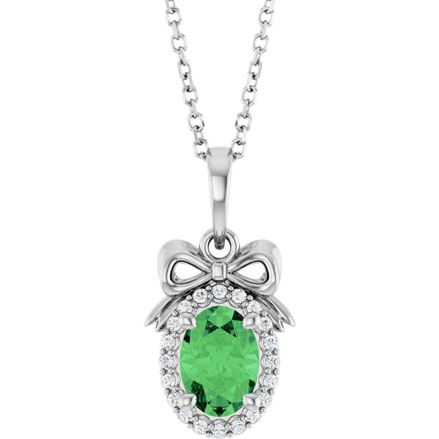 Platinum Oval Natural Tsavorite Garnet & Natural Diamond Accented Bow Necklace or Pendant