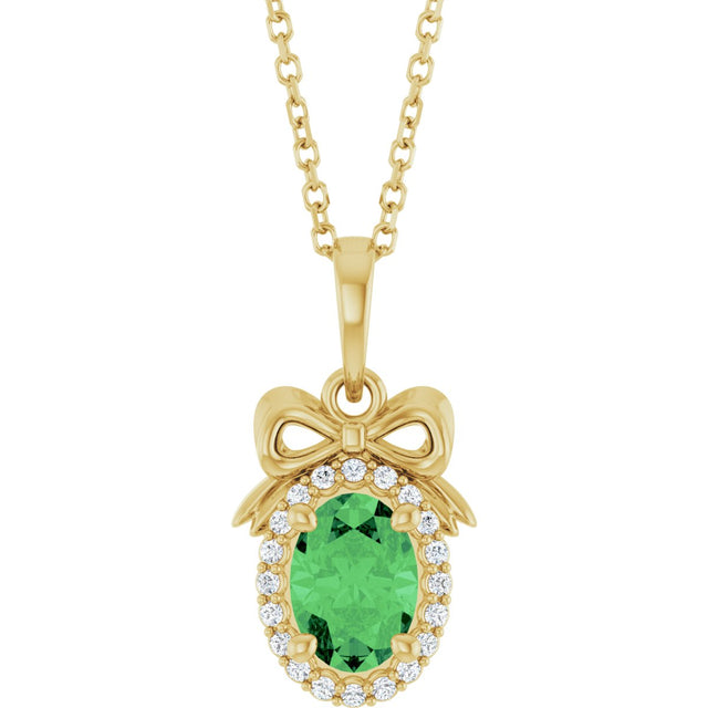 14K Gold Oval Natural Tsavorite Garnet & Natural Diamond Accented Bow Necklace or Pendant - Yellow Gold
