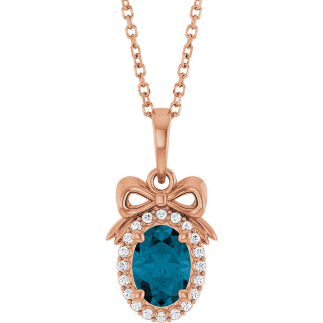 14K Gold Oval Natural London Blue Topaz & Natural Diamond Accented Bow Necklace or Pendant - Rose Gold