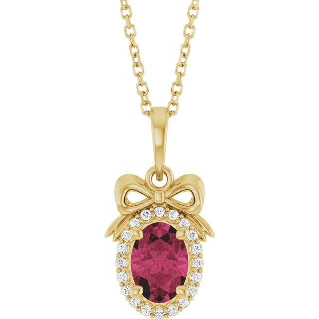 14K Gold Oval Natural Rhodolite Garnet & Natural Diamond Accented Bow Necklace or Pendant - Yellow Gold