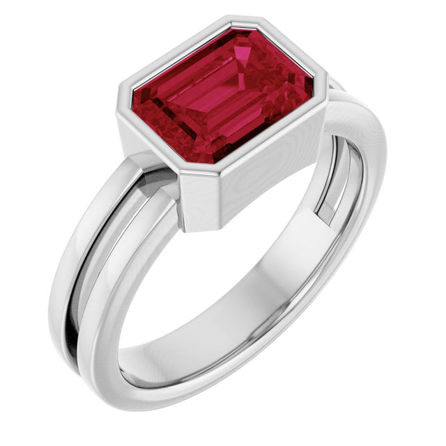 14K Gold Emerald Lab-Grown Ruby Bezel-Set Solitaire Ring - White Gold