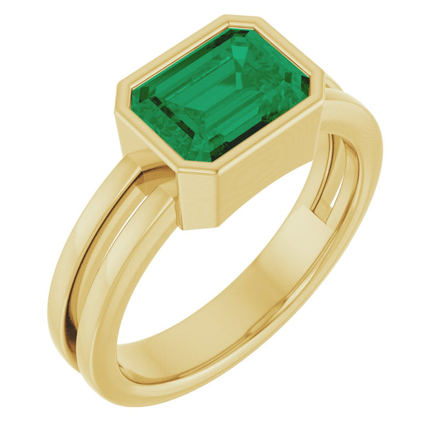 14K Gold Emerald Lab-Grown Emerald Bezel-Set Solitaire Ring - Yellow Gold