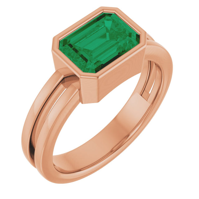 14K Gold Emerald Lab-Grown Emerald Bezel-Set Solitaire Ring - Rose Gold