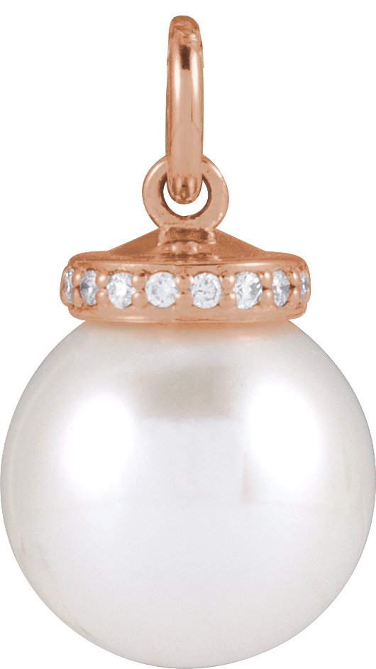 14K Gold Cultured White Akoya Pearl & Natural Diamond Hidden Halo-Style Pearl Necklace or Pendant - Rose Gold