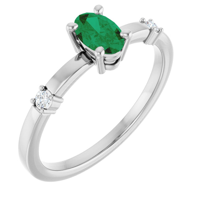 14K Gold Oval Lab-Grown Emerald & Natural Diamond Accented Ring – 6x4mm - White Gold