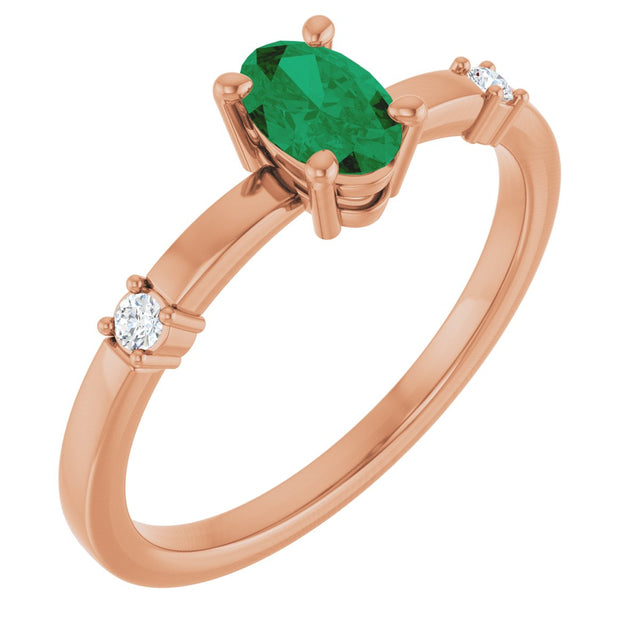 14K Gold Oval Lab-Grown Emerald & Natural Diamond Accented Ring – 6x4mm - Rose Gold