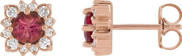 14K Gold Natural Pink Tourmaline & Natural Diamond Round Halo-Style Earrings - Rose Gold