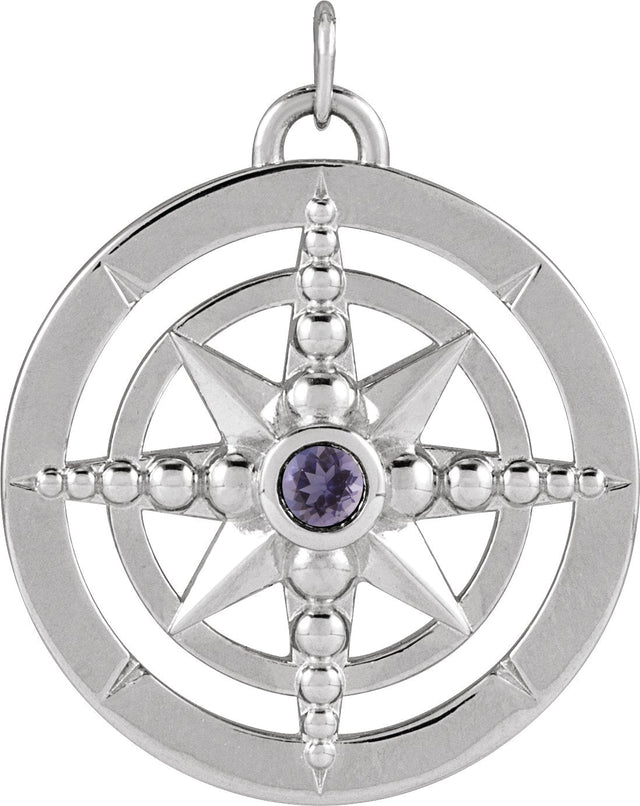 14K Gold Round Natural Iolite Compass Necklace or Pendant - White Gold