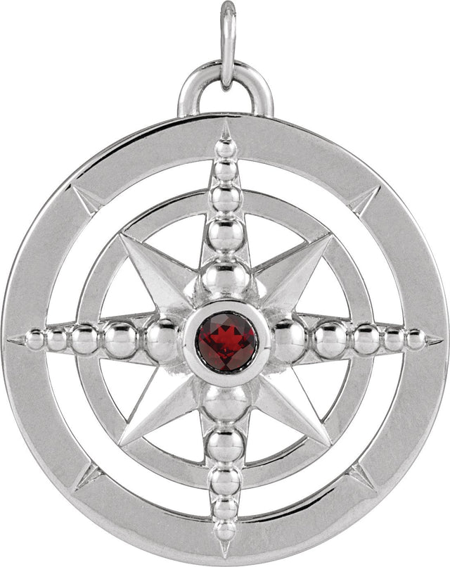 14K Gold Round Natural Mozambique Garnet Compass Necklace or Pendant - White Gold