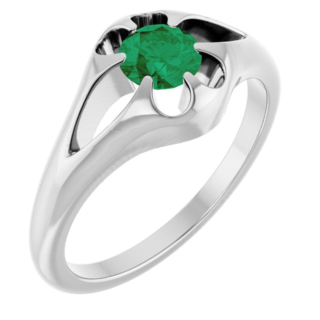 Platinum Round Natural Emerald Solitaire Belcher Ring
