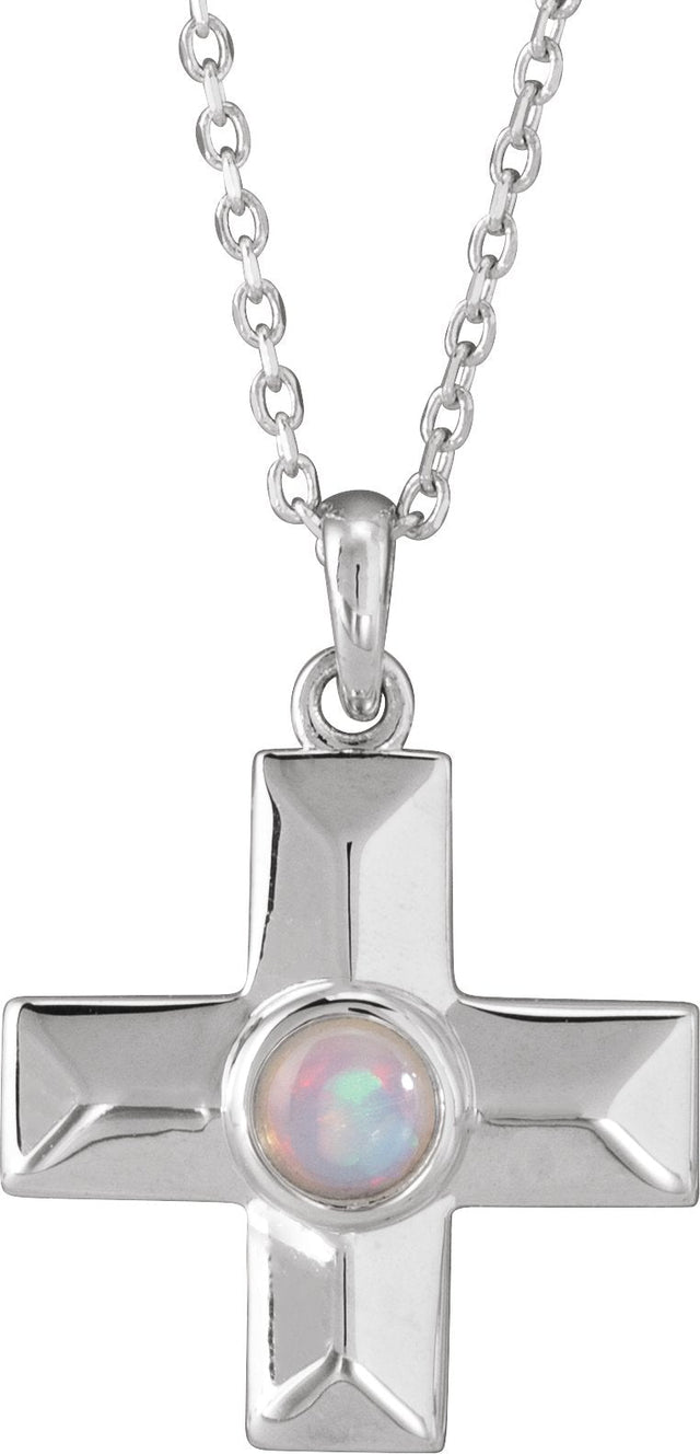 14K Gold Round Natural White Opal Cross Pendant - White Gold