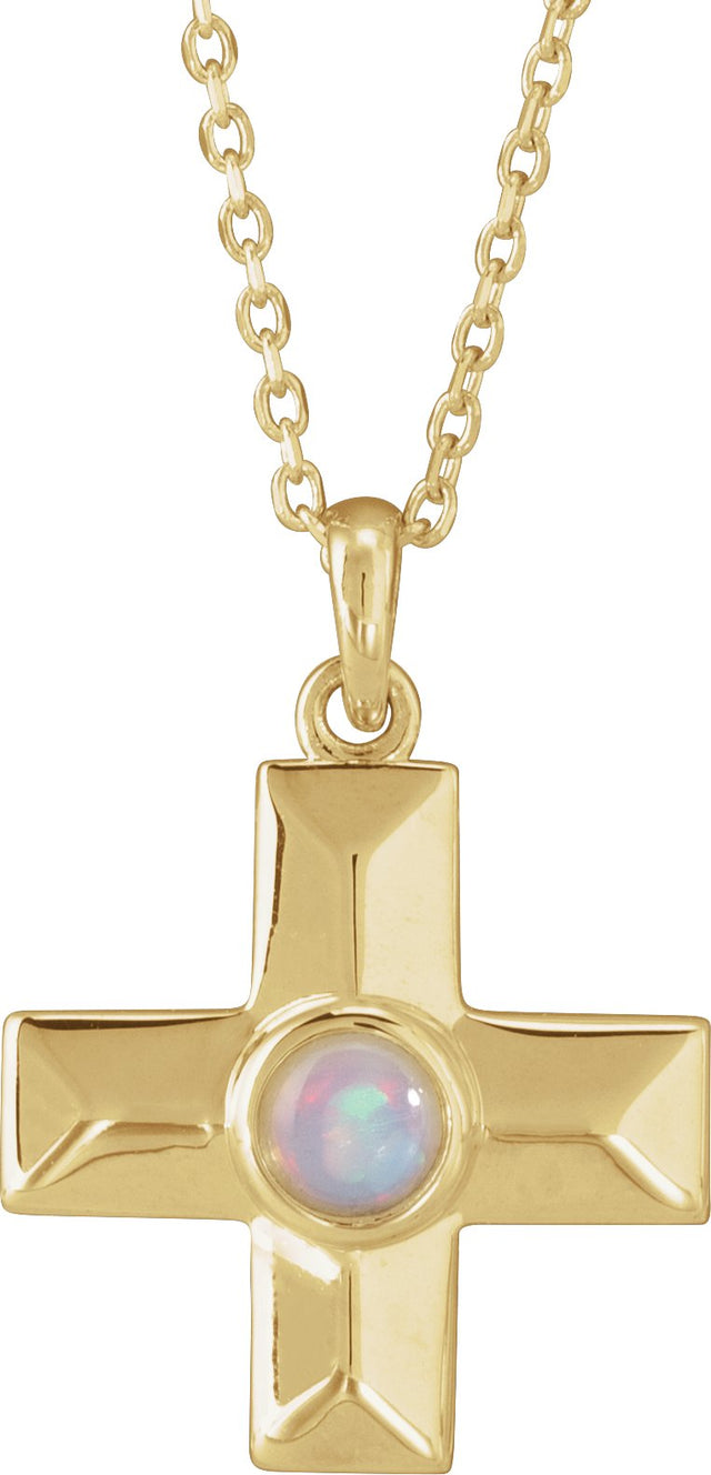 14K Gold Round Natural White Opal Cross Pendant - Yellow Gold
