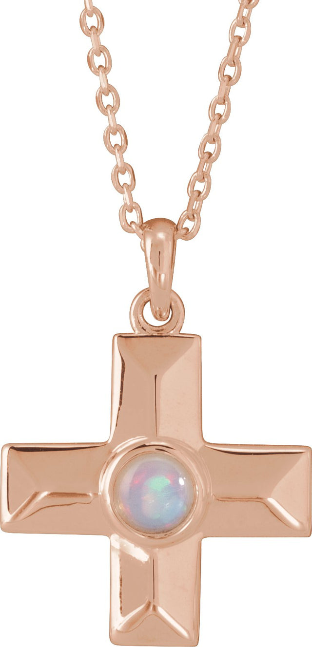 14K Gold Round Natural White Opal Cross Pendant - Rose Gold