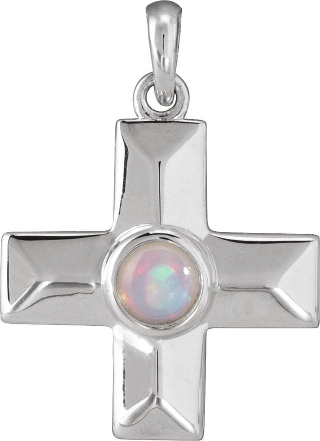 14K Gold Round Natural White Opal Cross Pendant - White Gold