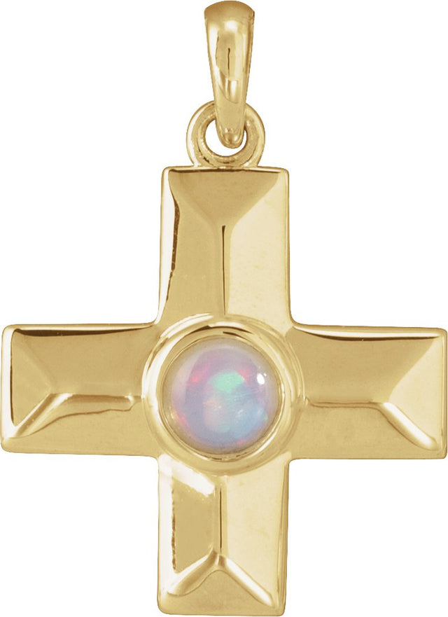 14K Gold Round Natural White Opal Cross Pendant - Yellow Gold