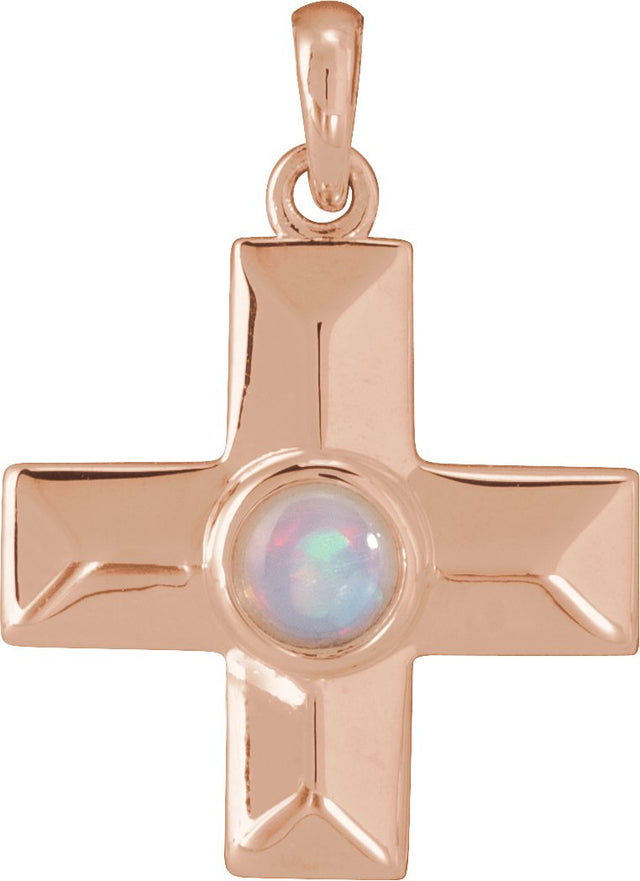 14K Gold Round Natural White Opal Cross Pendant - Rose Gold