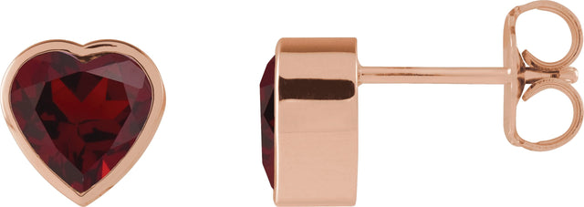 14K Gold Natural Mozambique Garnet Heart Bezel-Set Stud Earrings - Rose Gold