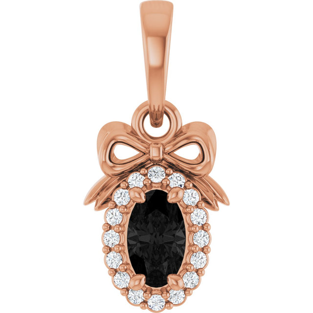 14K Gold Oval Natural Black Onyx & Natural Diamond Accented Bow Necklace or Pendant - Rose Gold