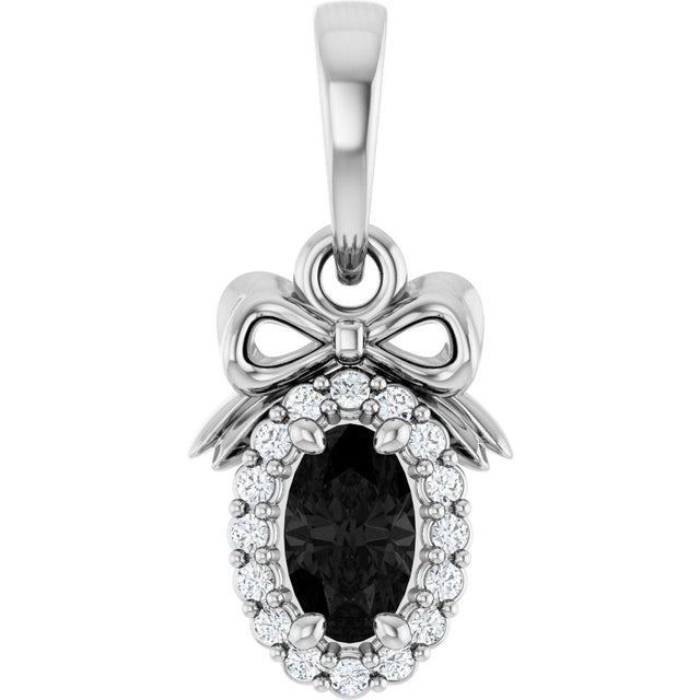 Platinum Oval Natural Black Onyx & Natural Diamond Accented Bow Necklace or Pendant
