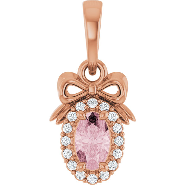 14K Gold Oval Natural Pink Morganite & Natural Diamond Accented Bow Necklace or Pendant - Rose Gold