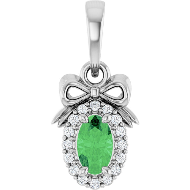 Platinum Oval Natural Tsavorite Garnet & Natural Diamond Accented Bow Necklace or Pendant
