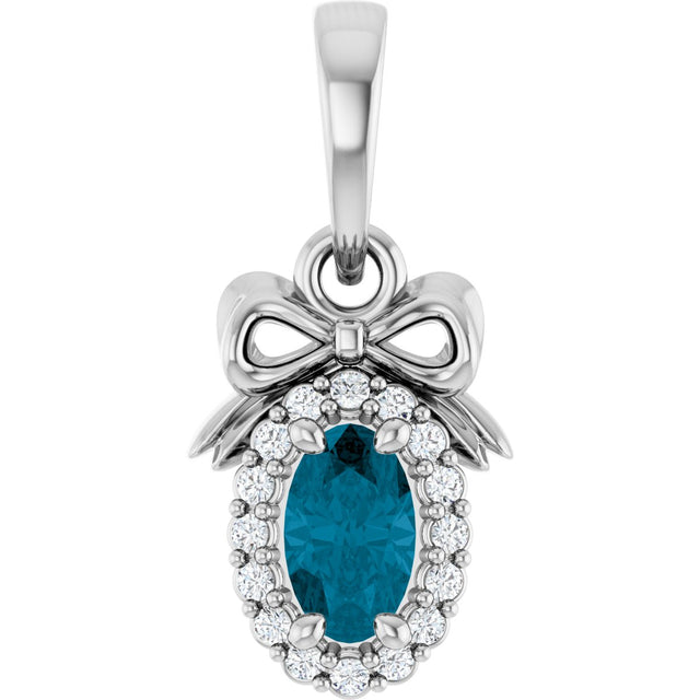 Platinum Oval Natural London Blue Topaz & Natural Diamond Accented Bow Necklace or Pendant