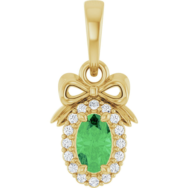 14K Gold Oval Natural Tsavorite Garnet & Natural Diamond Accented Bow Necklace or Pendant - Yellow Gold