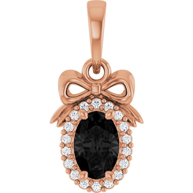 14K Gold Oval Natural Black Onyx & Natural Diamond Accented Bow Necklace or Pendant - Rose Gold