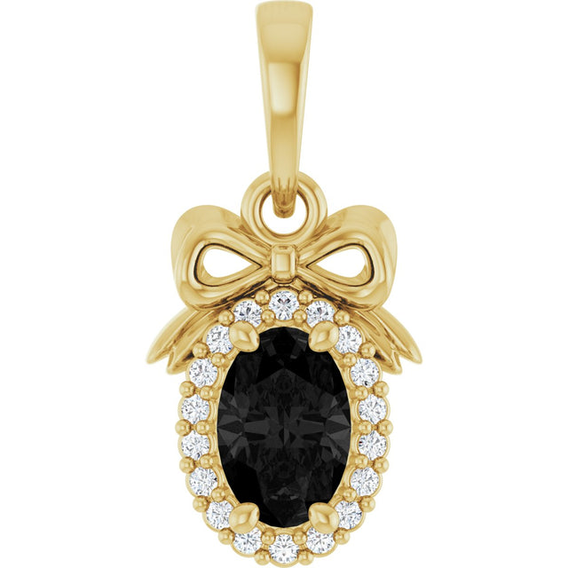 14K Gold Oval Natural Black Onyx & Natural Diamond Accented Bow Necklace or Pendant - Yellow Gold