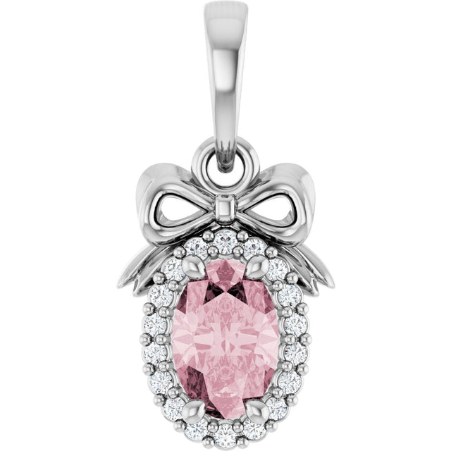 Platinum Oval Natural Pink Morganite & Natural Diamond Accented Bow Necklace or Pendant