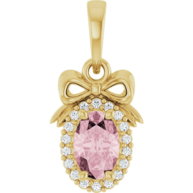 14K Gold Oval Natural Pink Morganite & Natural Diamond Accented Bow Necklace or Pendant - Yellow Gold