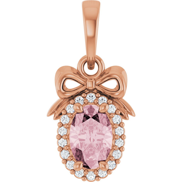 14K Gold Oval Natural Pink Morganite & Natural Diamond Accented Bow Necklace or Pendant - Rose Gold
