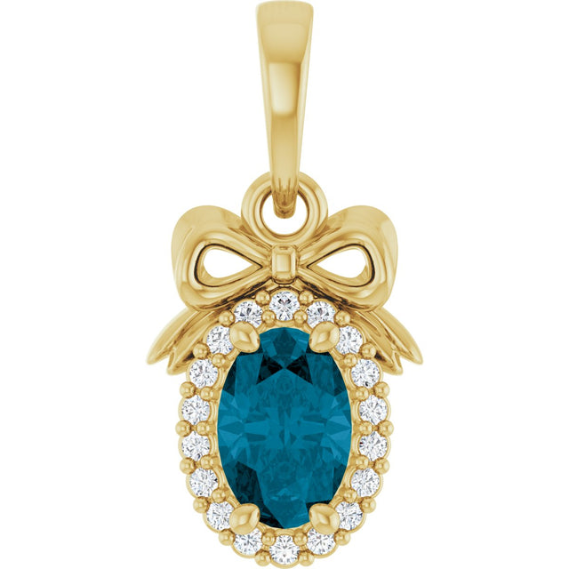 14K Gold Oval Natural London Blue Topaz & Natural Diamond Accented Bow Necklace or Pendant - Yellow Gold