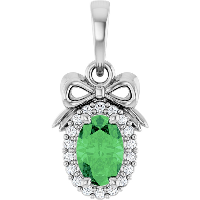 14K Gold Oval Natural Tsavorite Garnet & Natural Diamond Accented Bow Necklace or Pendant - White Gold
