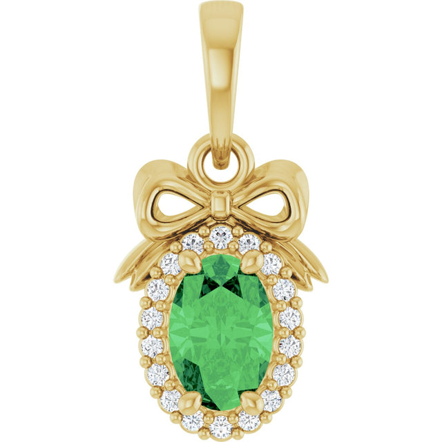 14K Gold Oval Natural Tsavorite Garnet & Natural Diamond Accented Bow Necklace or Pendant - Yellow Gold